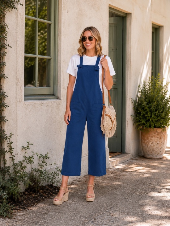 Zenana Outfitters Denim - ZENANA ROYAL BLUE KNOT STRAP WIDE LEG CROPPED JUMPSUIT SIZE M
